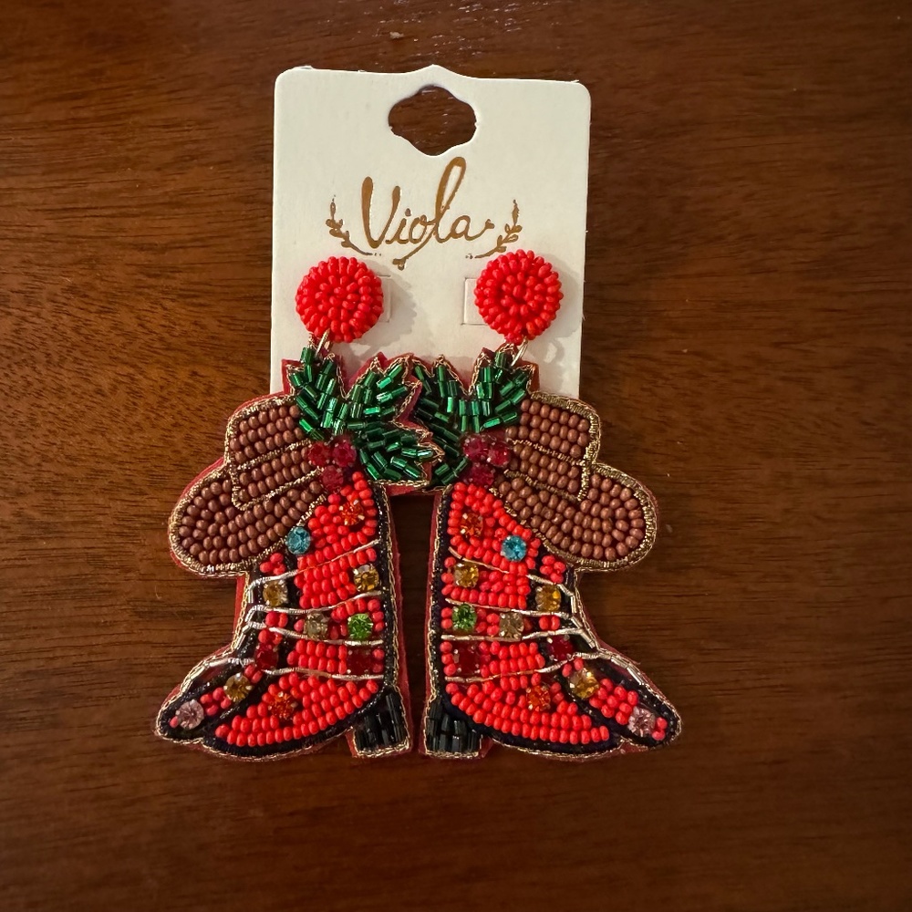 Country Cowboy Christmas Beaded Dangle Earrings